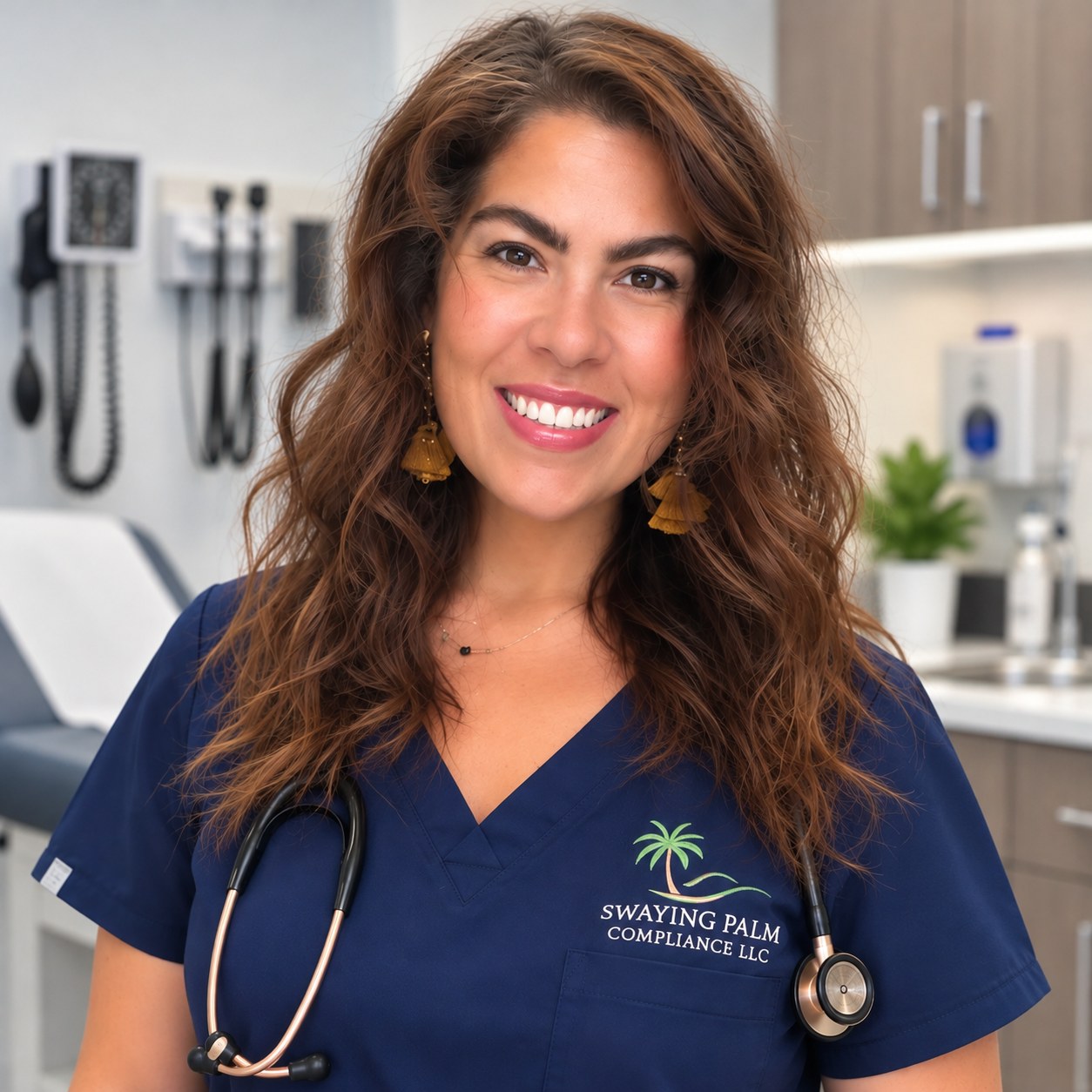 Katelyn Getz, RN, wearing Swaying Palm Compliance scrubs in a medical setting